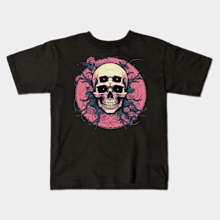 Psychedelic Skull With Roses and Pink Flowers Kids T-Shirt